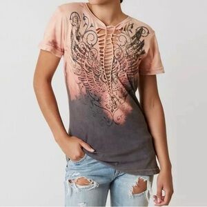 Affliction T-shirt Stamped Wings peach/pink Smoke Size Laced Front Size M #Emo